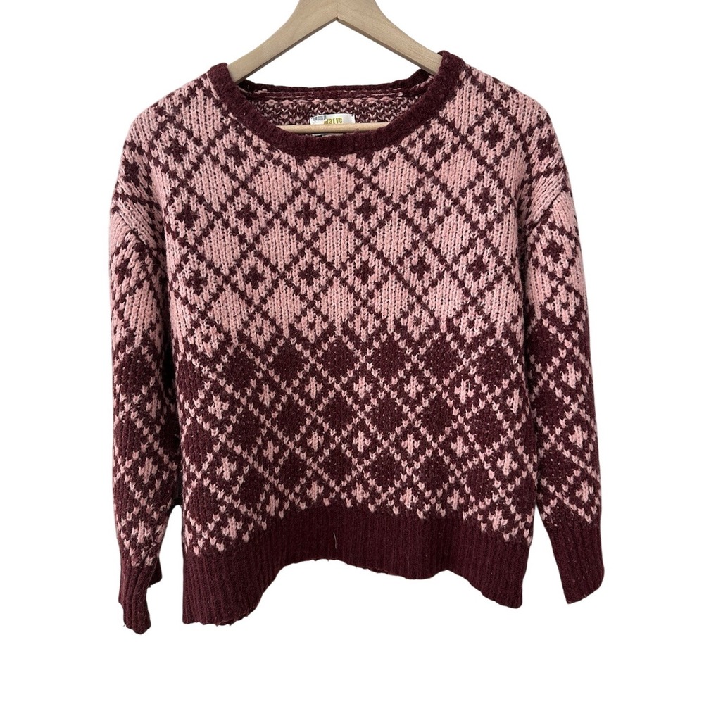 Maeve Anthropologie Sweater Small Burgundy Pink Diamond Knit‎ Crewneck